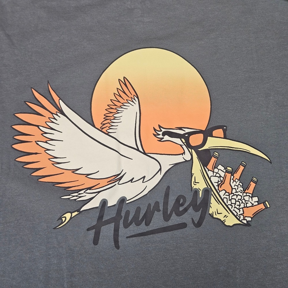 Hurley Graphic T-Shirt Mens XL Blue Gray Pelican Beer Beach Surf Short Sleeve